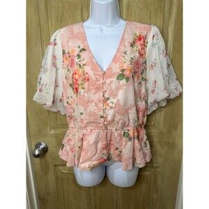 Hemant & Nandita Top Medium Womens Anthropologie Floral Bubble Sleeve Peplum